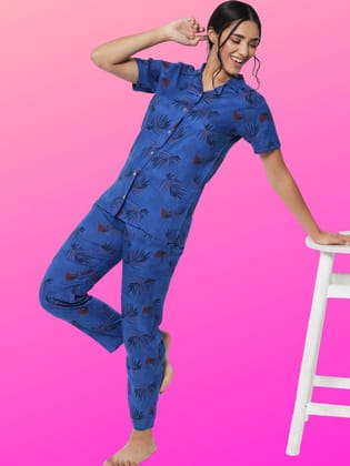 Printed Button Up Navy Nightsuit For Women With Pockets in Pyjamas N75N