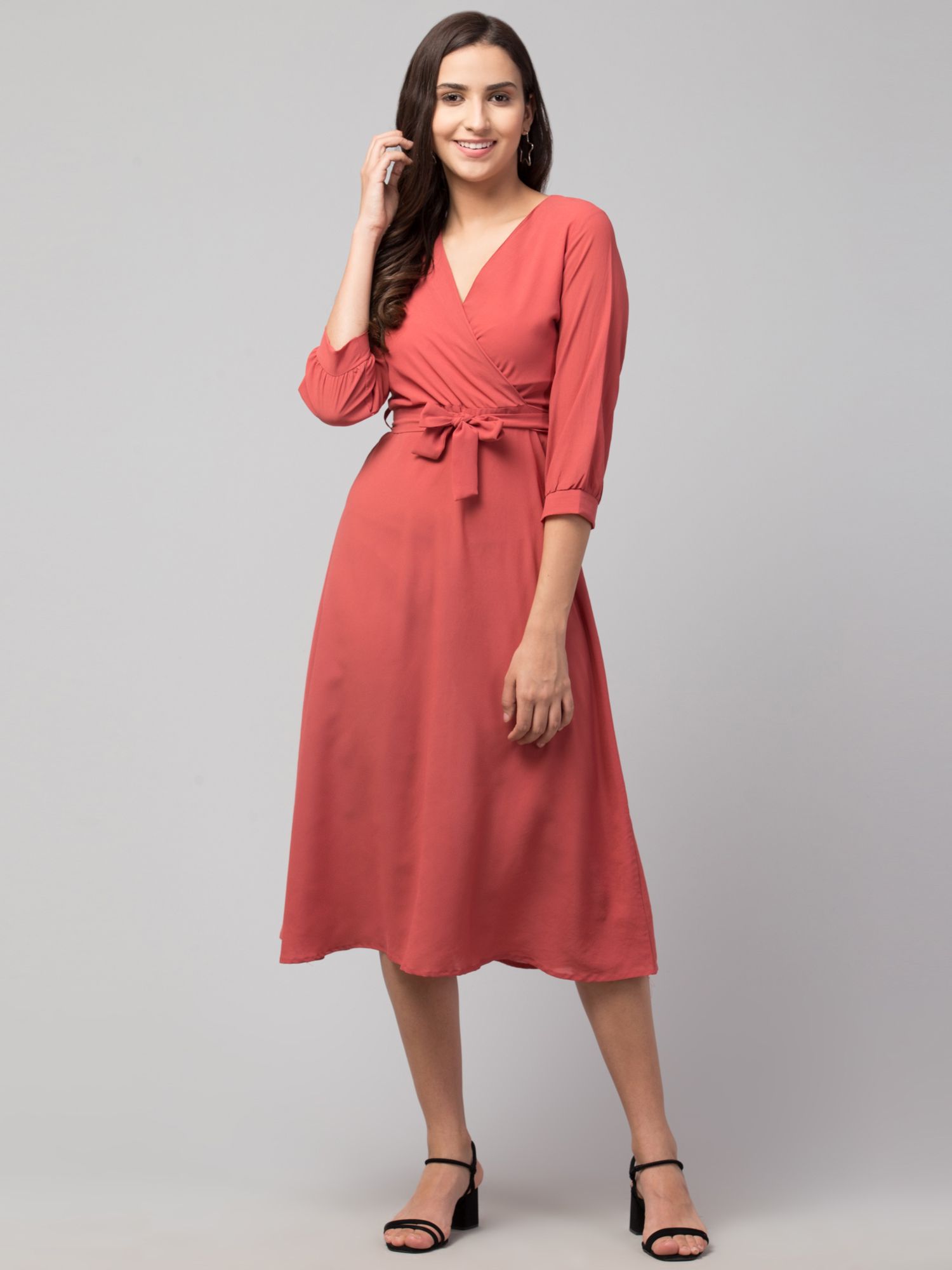 STYLZINDIA Peach-Solid Belted Midi Dress for womens, casual