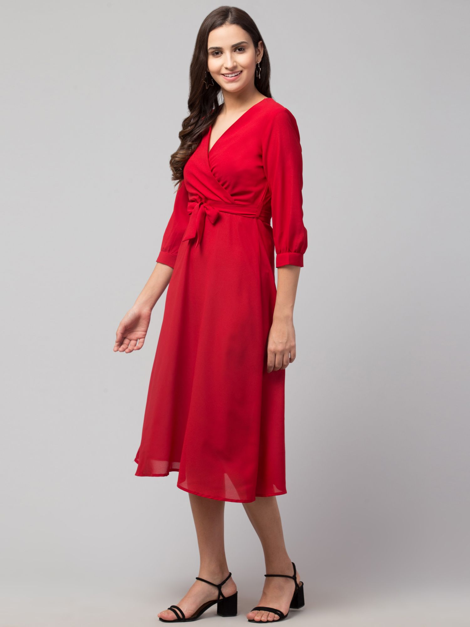 STYLZINDIA Red-Solid Belted Midi Dress for womens, casual party wear