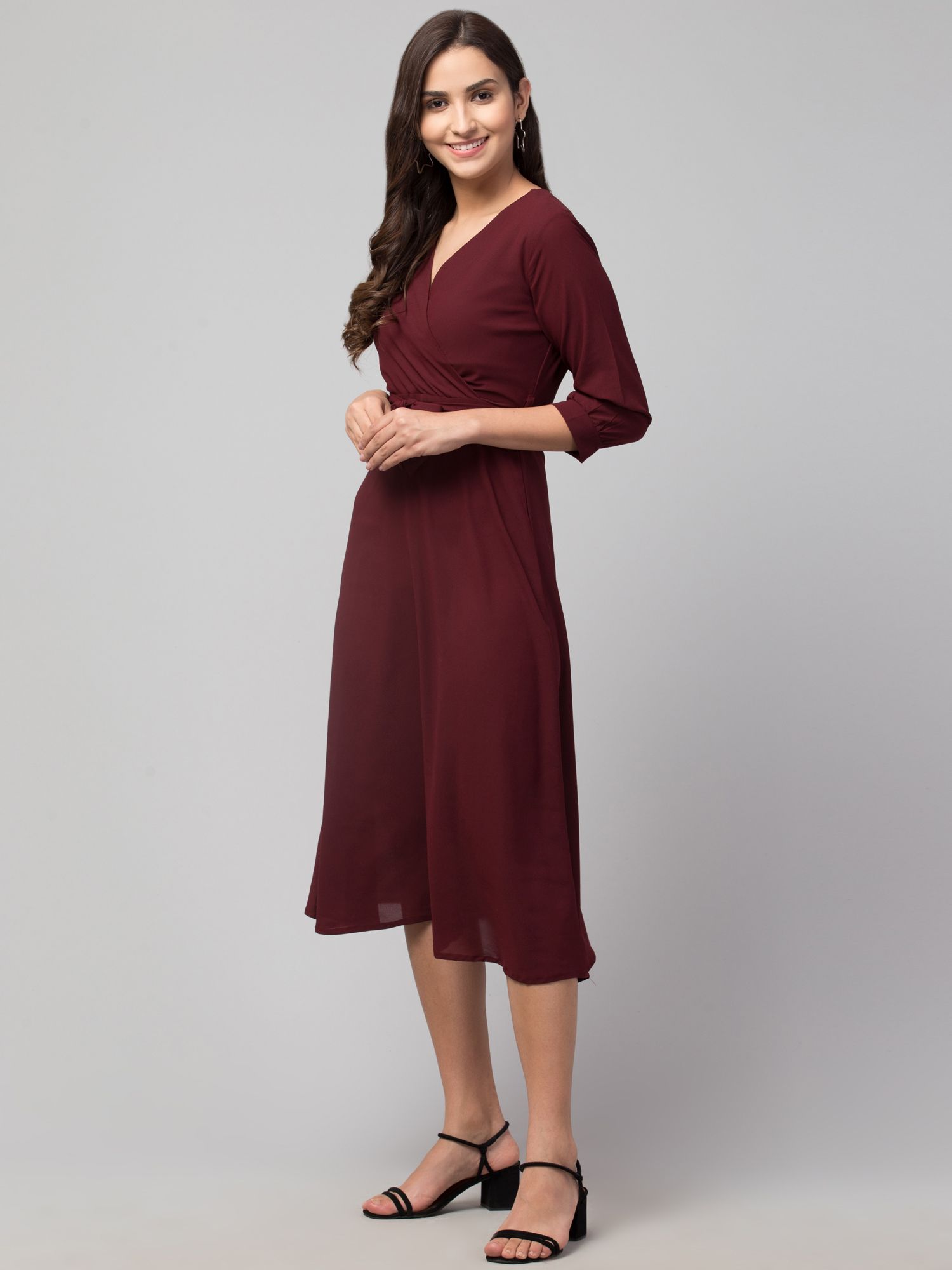 STYLZINDIA Wine-Solid Belted Midi Dress for womens, casual & party wear