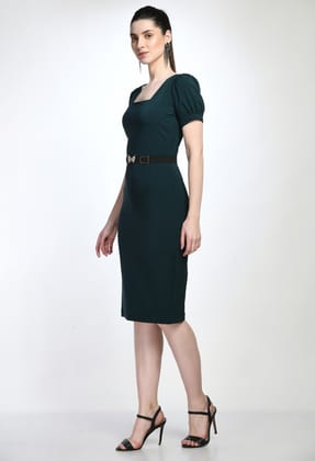 STYLZINDIA-Bottle Green-Elegant Solid Belted Sheath Dress for womens, casual & party wear