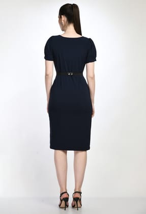 STYLZINDIA-Navy Blue-Elegant Solid Belted Sheath Dress for womens, casual & party wear