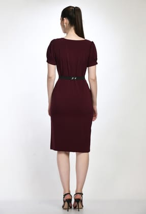 STYLZINDIA-Wine-Elegant Solid Belted Sheath Dress for womens, casual & party wear
