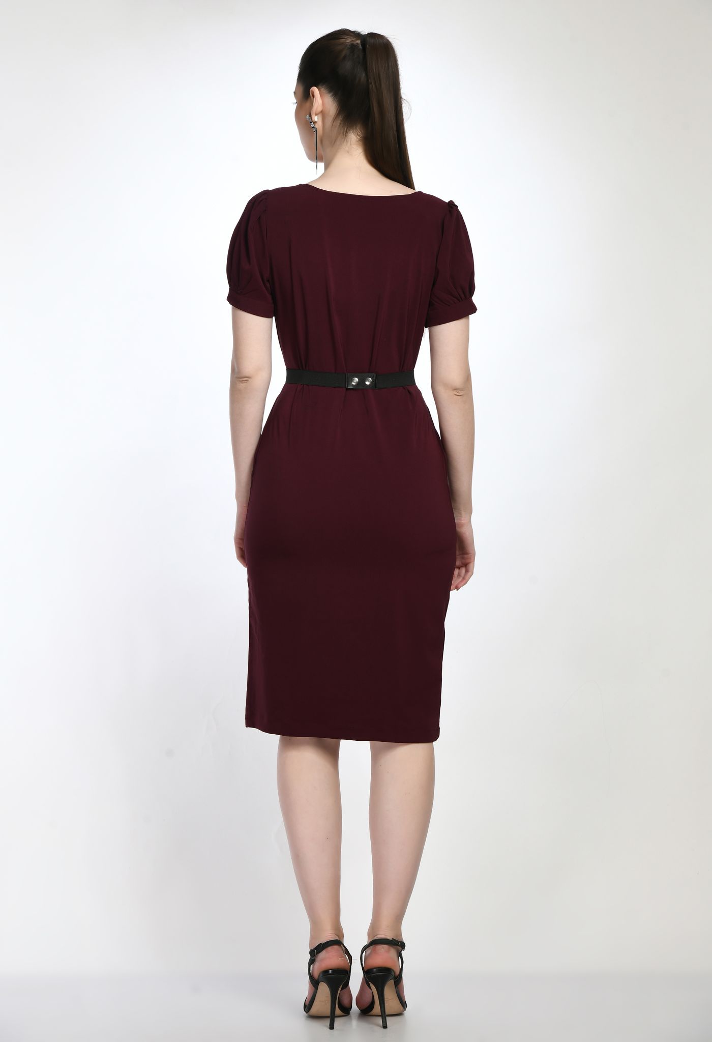 STYLZINDIA-Wine-Elegant Solid Belted Sheath Dress for womens, casual & party wear