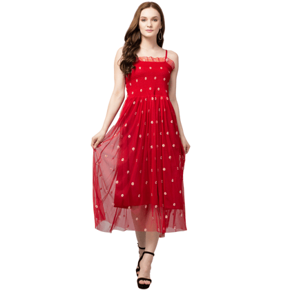 STYLZINDIA Red Fit and Flare Knee-Length Embroidery Neted Trendy Crochet Mesh Western Dress for womens, casual & party wear
