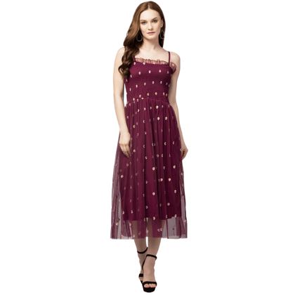 STYLZINDIA Wine Fit and Flare Knee-Length Embroidery Neted Trendy Crochet Mesh Western Dress for womens, casual & party wear