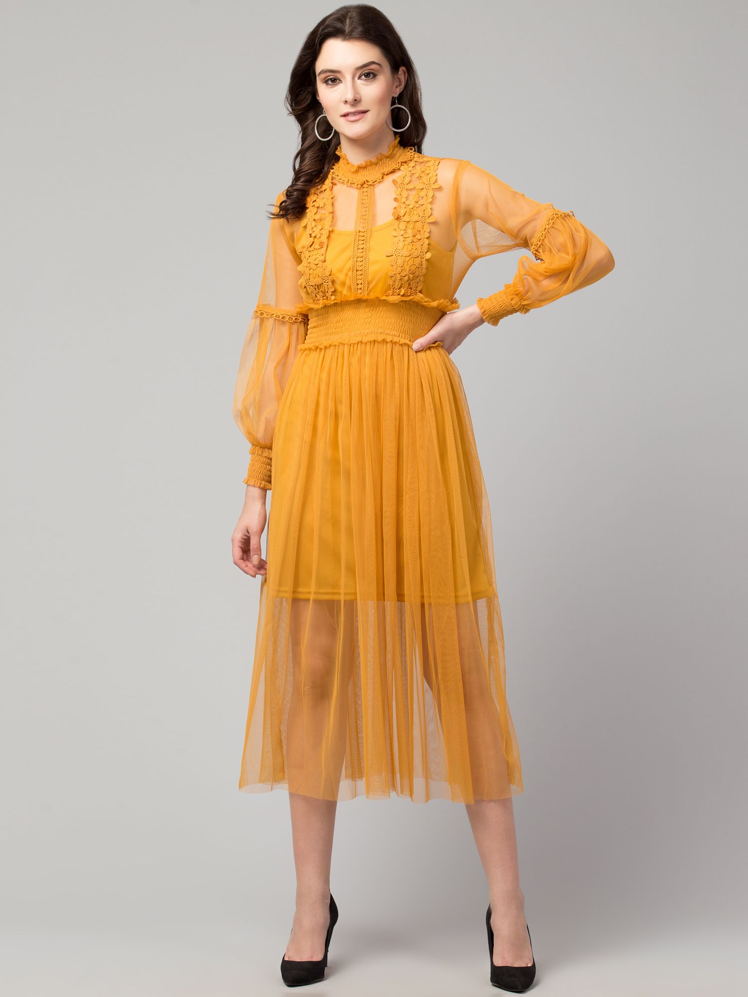 STYLZINDIA Yellow-Trendy Lace Net Dresses for womens, casual & party wear
