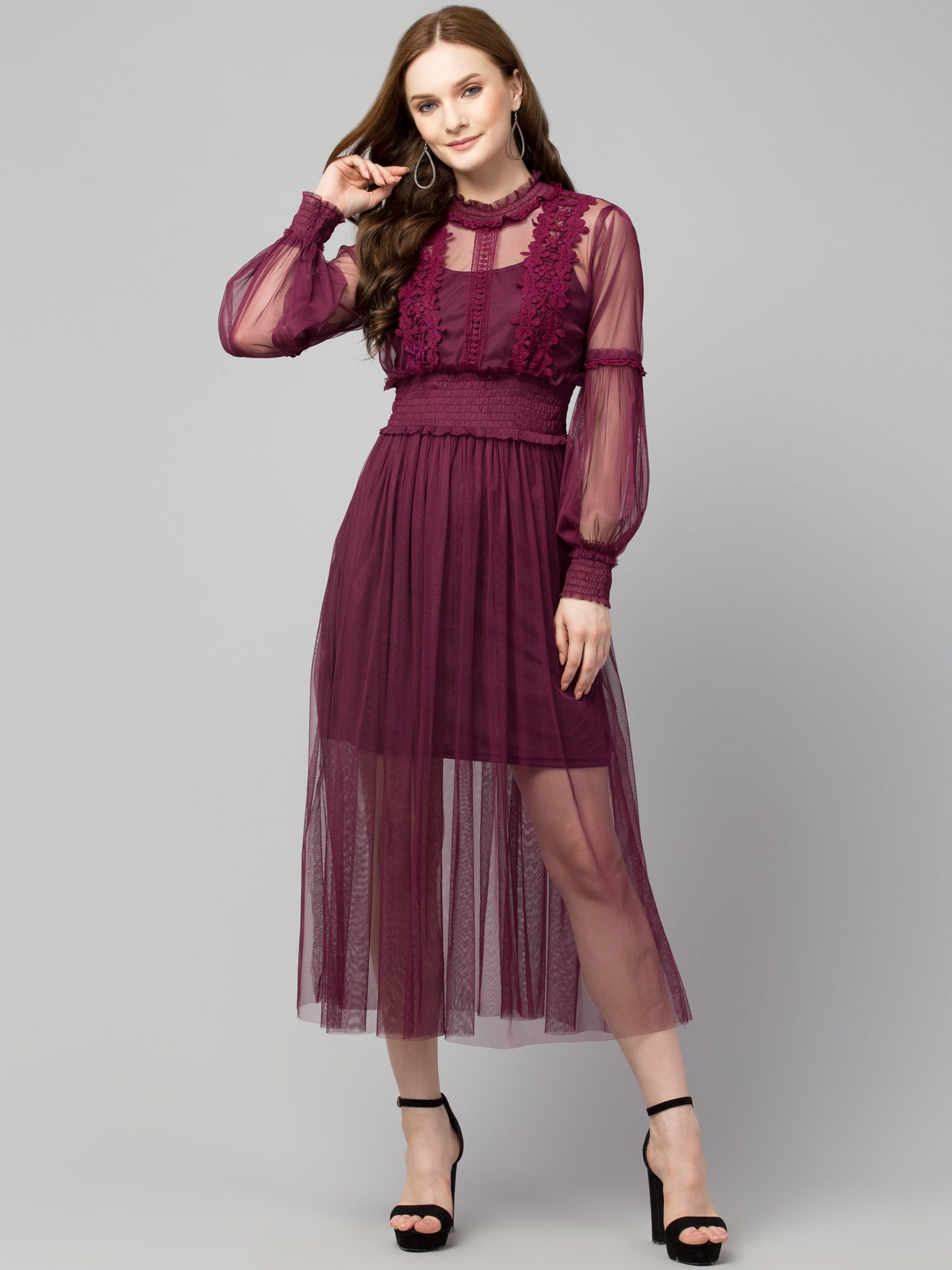 STYLZINDIA Wine-Trendy Lace Net Dresses for womens, casual & party wear