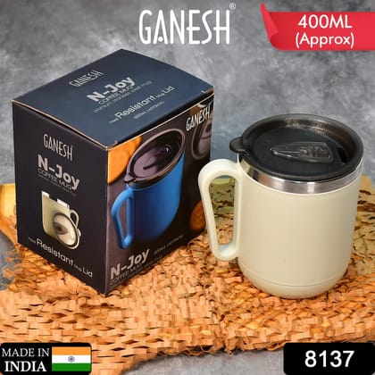 URBAN CREW  Ganesh Premium Stainless Steel Coffee Mug with Heat Resistant Mug Lid. Approx 400Ml Mug 1 PC