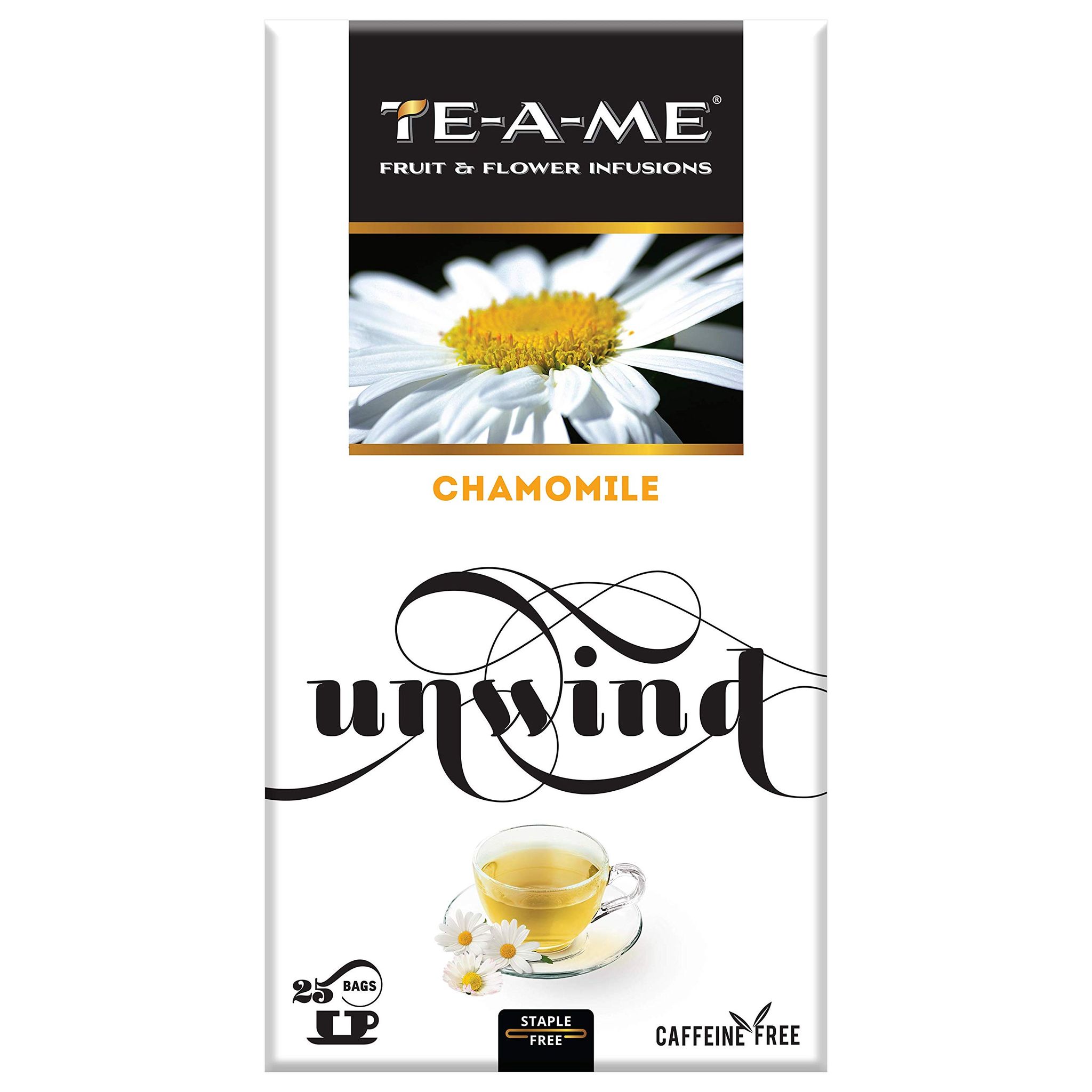 TE-A-ME Unwind Pure Chamomile | Herbal Infusion Tea | Chamomile Flowers | Subtle & Flowery | Light & Gentle Taste | Stress-Relief | 100% Caffeine Free So Good Sleep, 25 Herbal Tea Bags