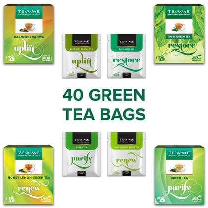 TE-A-ME Assorted Green Tea Bags 40 pcs | Pack of Uplift Kashmiri Kahwa Green Tea, Restore Tulsi Green Tea, Purify Green Tea, Renew Honey Lemon Green Tea|10 Tea Bags of Each Variety Packed in Individual Box to Better Retain Freshness | Green Tea Sampler TE-A-ME Assorted Green Tea Bags 40 pcs | Pack of Uplift Kashmiri Kahwa Green Tea, Restore Tulsi Green Tea, Purify Green Tea, Renew Honey Lemon Green Tea|10 Tea Bags of Each Variety Packed in Individual Box to Better Retain Freshness | Green Tea Sampler