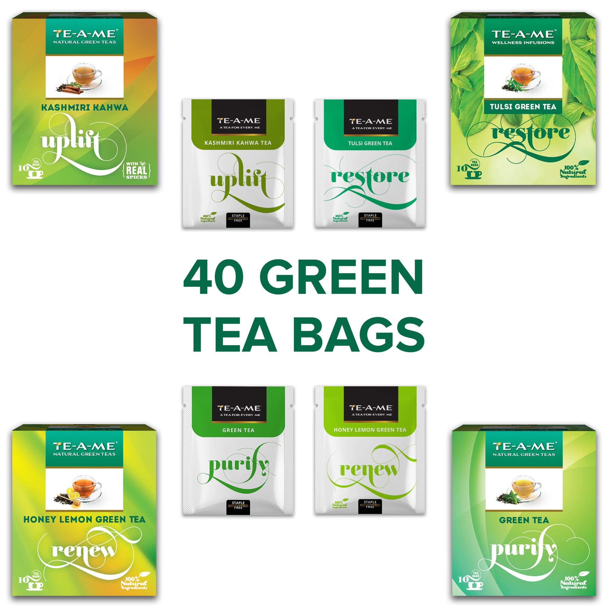 TE-A-ME Assorted Green Tea Bags 40 pcs | Pack of Uplift Kashmiri Kahwa Green Tea, Restore Tulsi Green Tea, Purify Green Tea, Renew Honey Lemon Green Tea|10 Tea Bags of Each Variety Packed in Individual Box to Better Retain Freshness | Green Tea Sampler