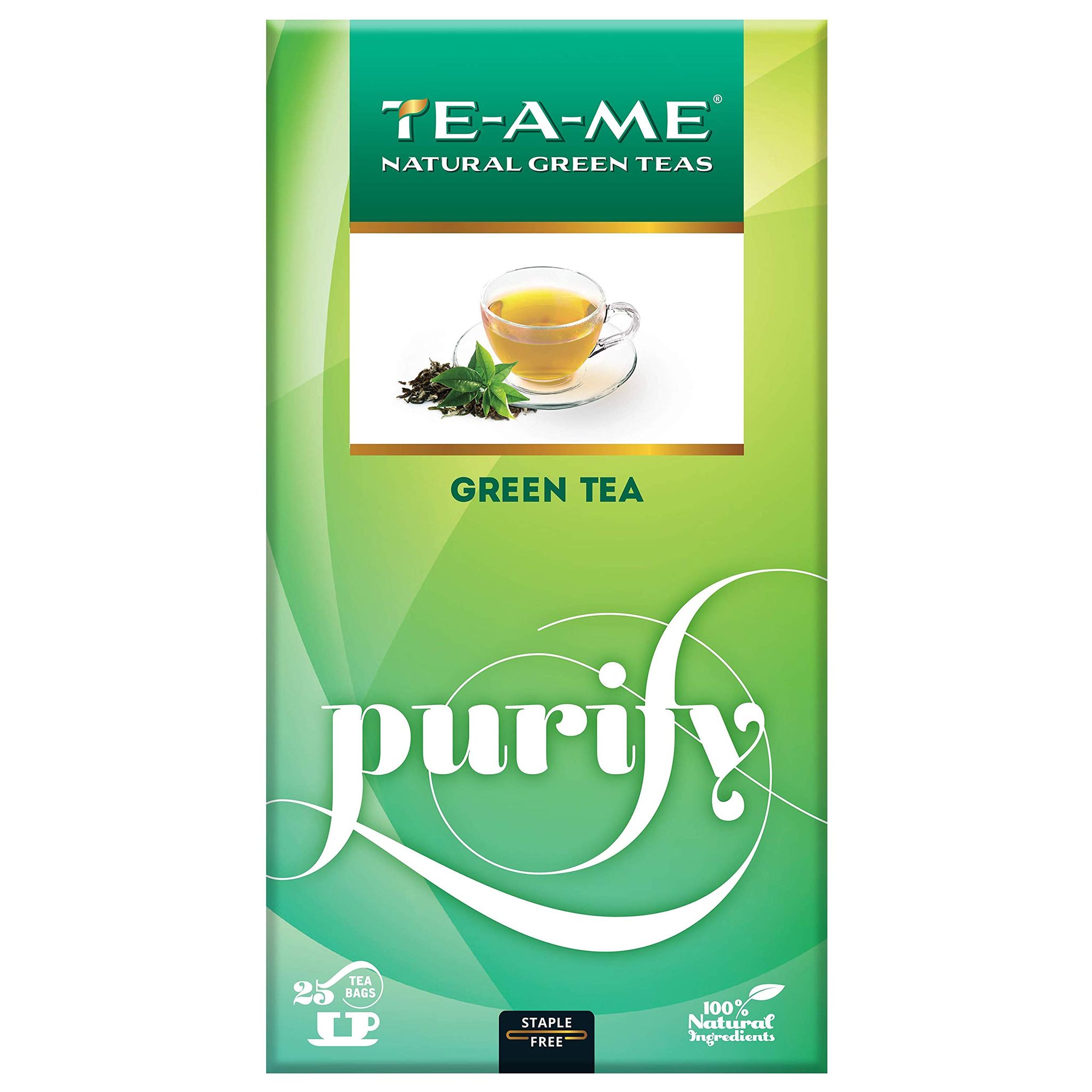 TE-A-ME Purify Natural Green Tea, 25 Tea Bags - 100% Natural Ingredient - Green Tea - Zero Calories - Improves Metabolism & Reduces Waist