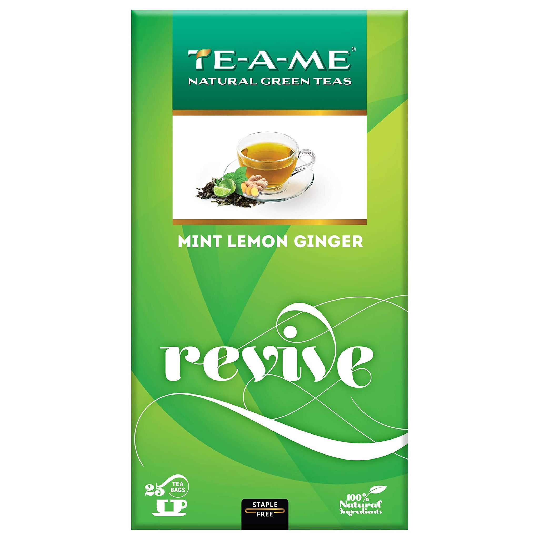 TE-A-ME Revive Mint Lemon Ginger Natural Green Tea, 25 Tea Bags