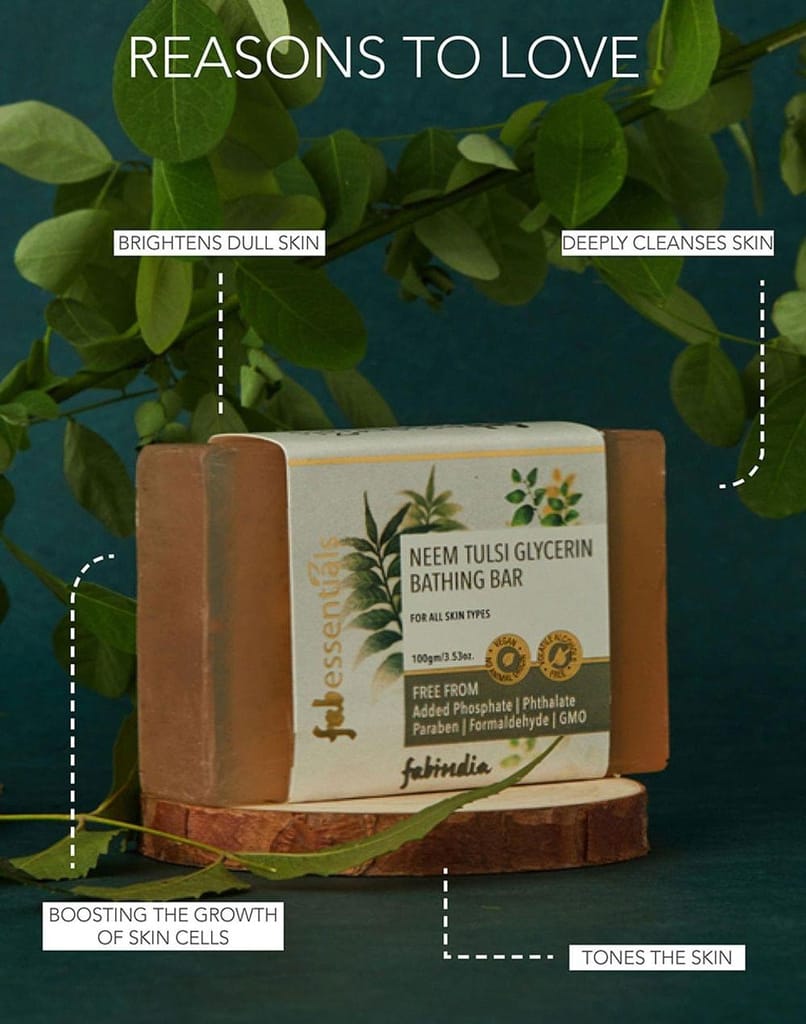 Fabessentials Neem Tulsi Glycerin Bathing Bar | with Walnut Granules | for Cleansing, Nourishing and Rejuvenating Skin | Vegan & Toxin Free - 100 gm
