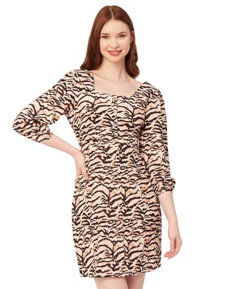Moomaya Printed Short Dresses For Women, Button-Up Square Neck 3/4Th Sleeve Dress