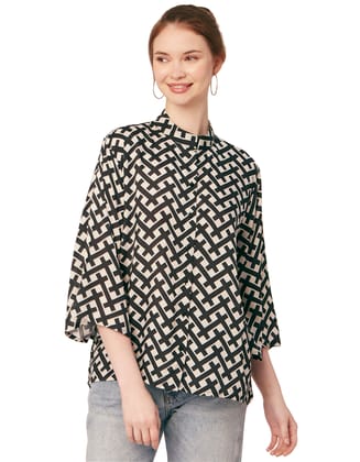Moomaya Printed Oversize Top For Women, Full Bell Sleeve, Button Down Shirt Top