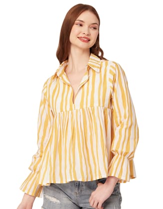 Moomaya Printed Pleated Tops For Women, Long Sleeves Summer Top, Designer Collar Shirt