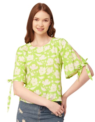 Moomaya Womens Printed Round Neck Top, Tie-Up Cold Shoulder Top