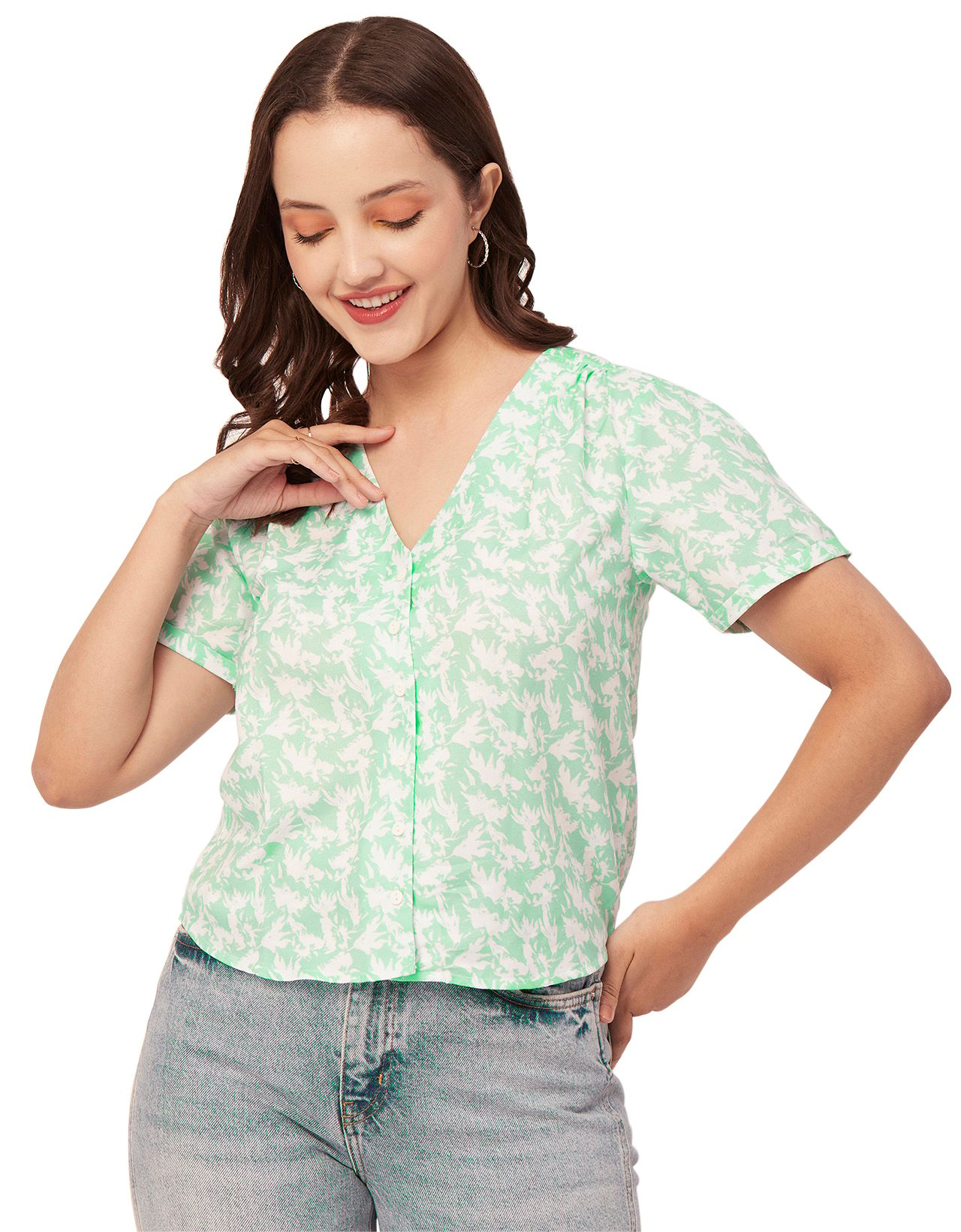 Moomaya V-Neck Printed Tops For Women, Button Down Short Sleeve Crop Top Blouse