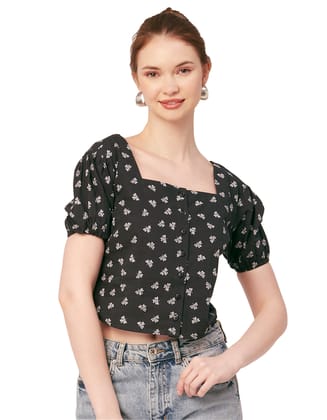 Moomaya Crop Tops For Women, Square Neck, Short Puff Sleeve, Buttoned Casual Summer Top