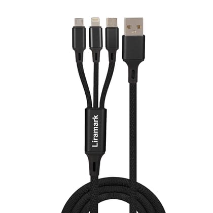 LIRAMARK 3 in 1 Nylon Braided Fast Charging Cable for Type-C, Micro Usb and iPhone Pins For All Smartphones