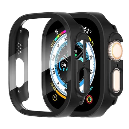 LIRAMARK 2 in 1 Hard Case Compatible with iWatch / Apple Watch Ultra 49mm with Tempered Glass Screen Protector (Black)