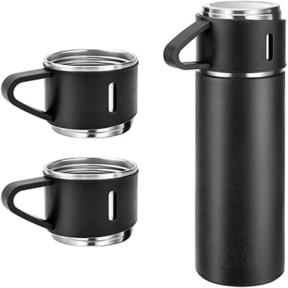 Denzcart Stainless Steel Vacuum Flask and 2 Steel Cups Ideal Gift for Diwali and Birthday Gift Return Gift (Multicolor)