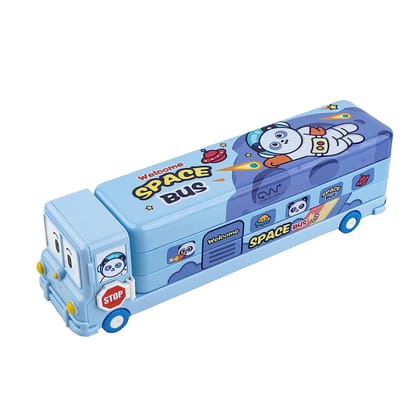 Denzcart Cartoon Printed School Bus Matal Pencil Box with Moving Tyres and Sharpner for Kids - Blue