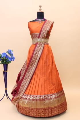 Party Wear Orange Weaving Work Banarasi Jacquard Pattu Lehenga Choli ( Unstitched )