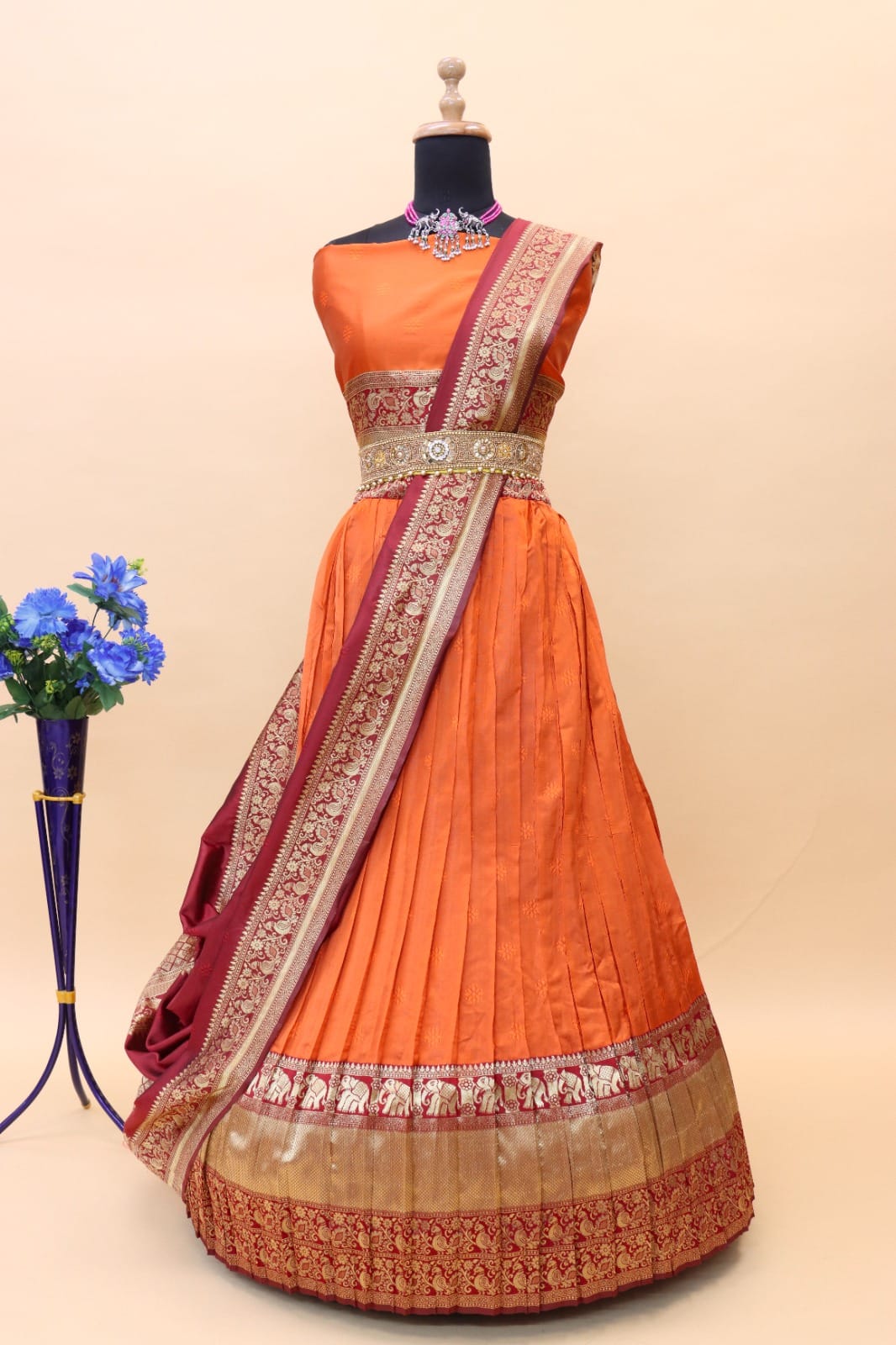 Party Wear Orange Weaving Work Banarasi Jacquard Pattu Lehenga Choli ( Unstitched )