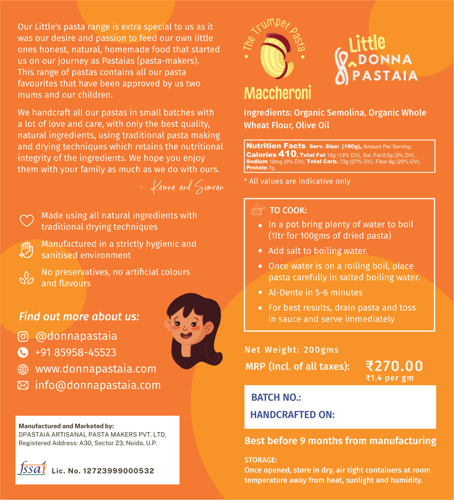 Donna Pastaia Artisanal Kids Wholewheat Maccheroni Mini Pasta | Kids Range in Fun Shapes