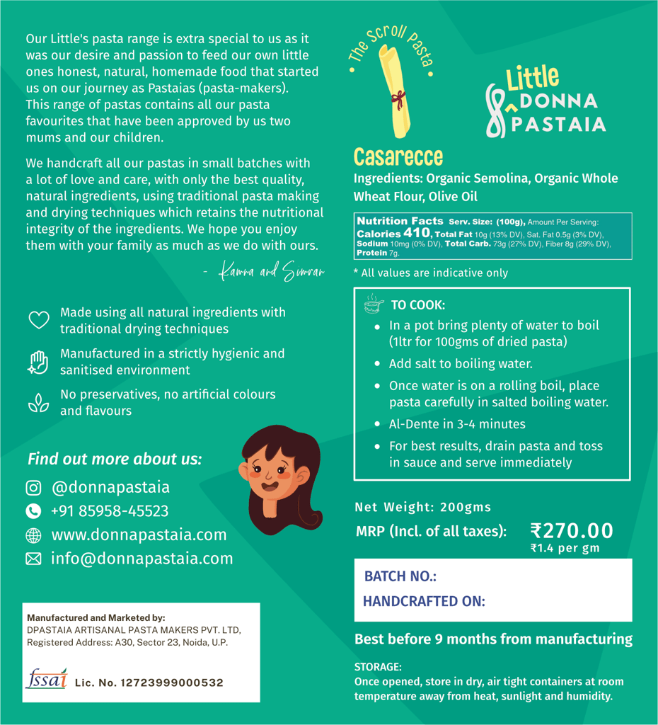 Donna Pastaia Artisanal Kids Wholewheat and Semolina Casarecce Mini Pasta | Kids Range in Fun Shapes
