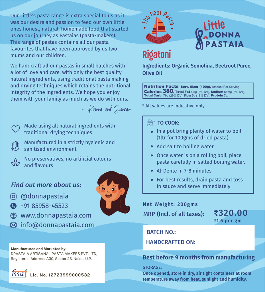 Donna Pastaia Artisanal Kids Beetroot and Semolina Rigatoni Mini Pasta