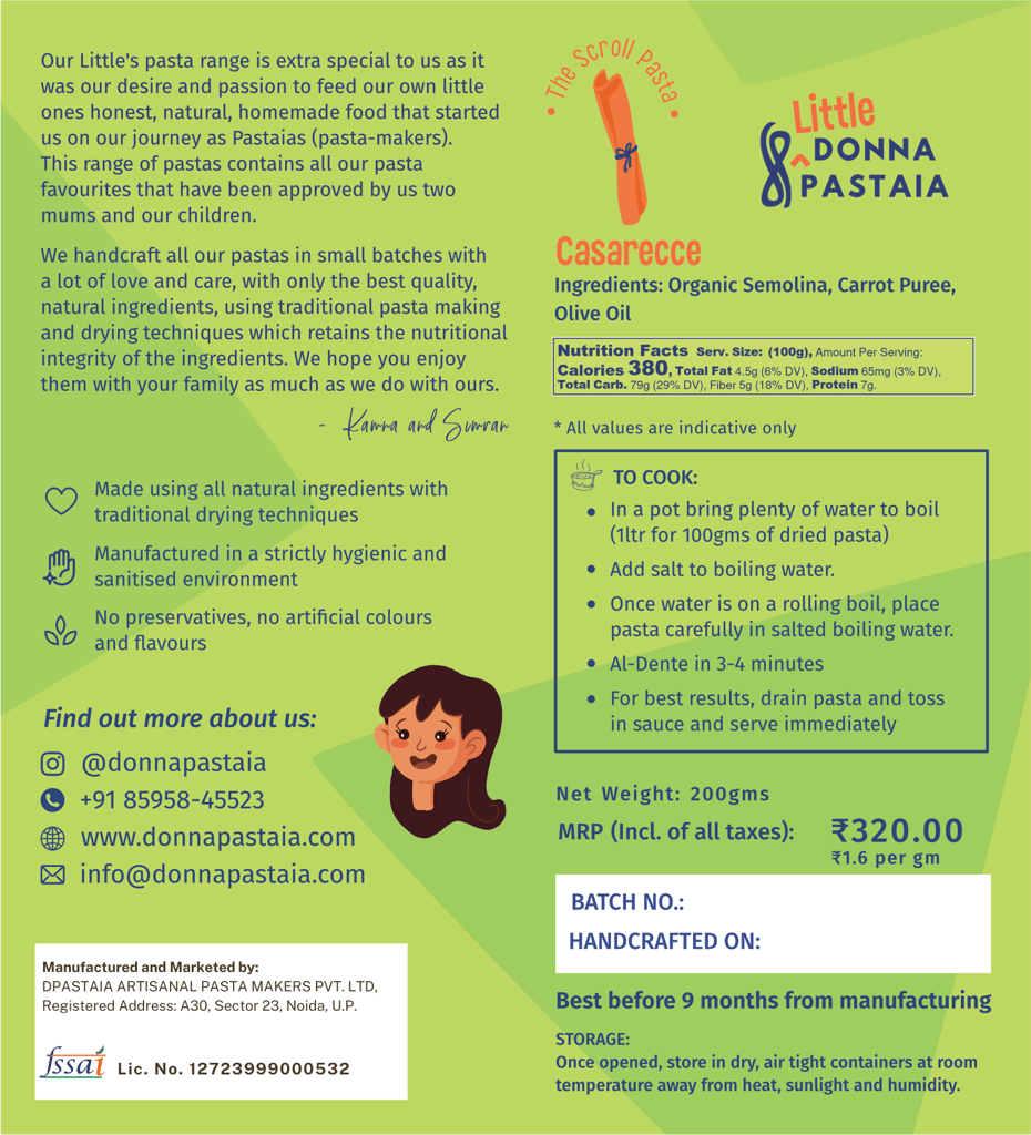 Donna Pastaia Artisanal Kids Carrot and Semolina Casarecce Mini Pasta | Kids Range in Fun Shapes