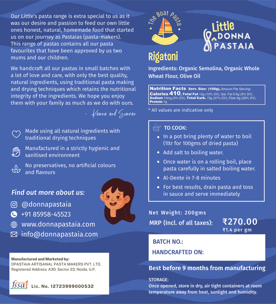 Donna Pastaia Artisanal Kids Wholewheat and Semolina Rigatoni Mini Pasta | Kids Range in Fun Shapes