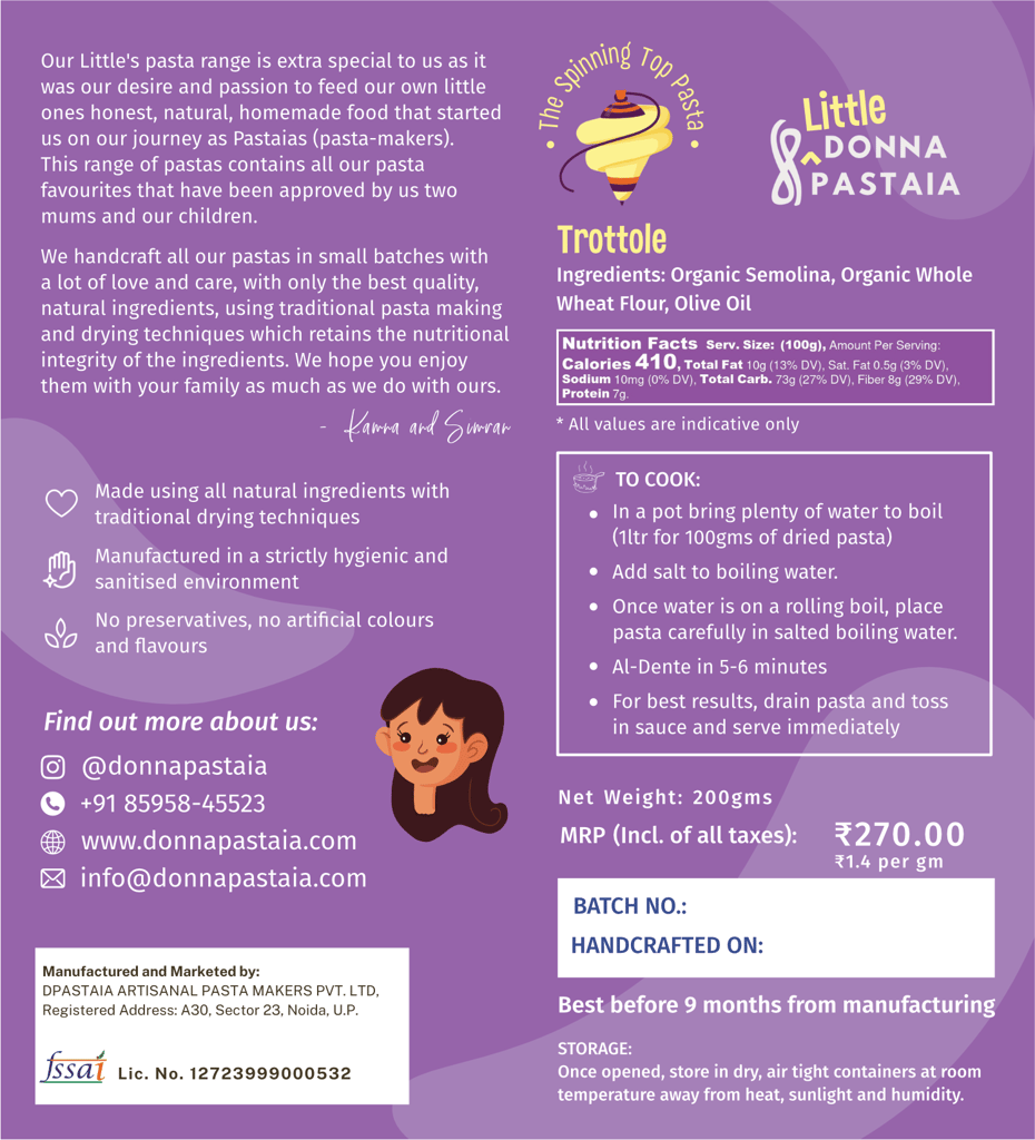 Donna Pastaia Artisanal Kids Wholewheat and Semolina Trottole Mini Pasta | Kids Range in Fun Shapes