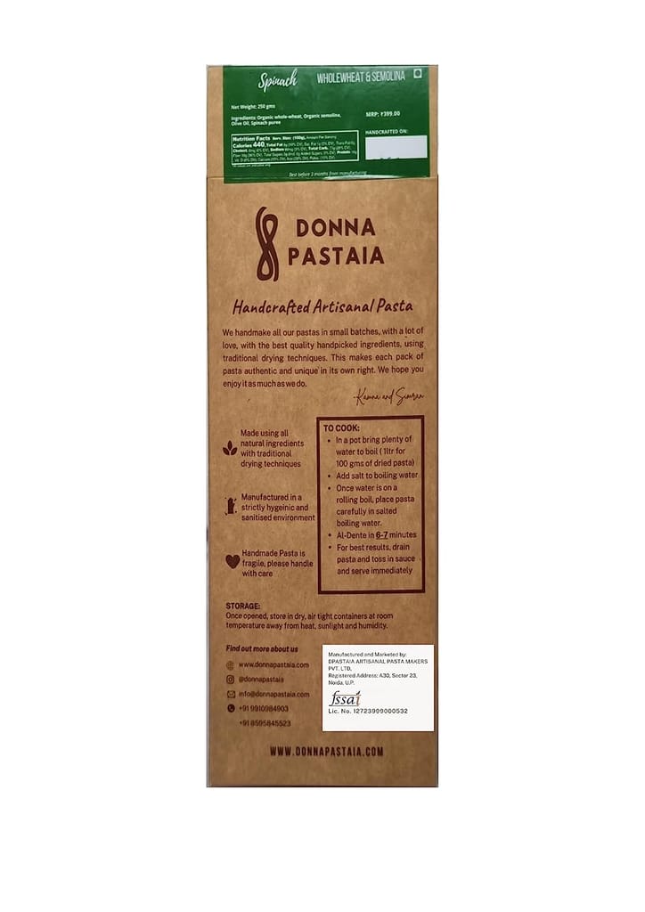 Donna Pastaia Artisanal Pasta | Spinach Fettuccine Pasta | No Maida, No Salt, No Preservatives | Proudly Made in India