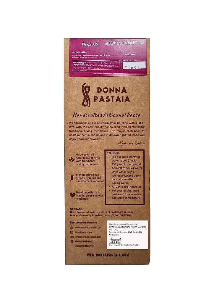 Donna Pastaia Artisanal Pasta | Beetroot Spaghetti Pasta | No Maida, No Salt, No Preservatives | Proudly Made in India