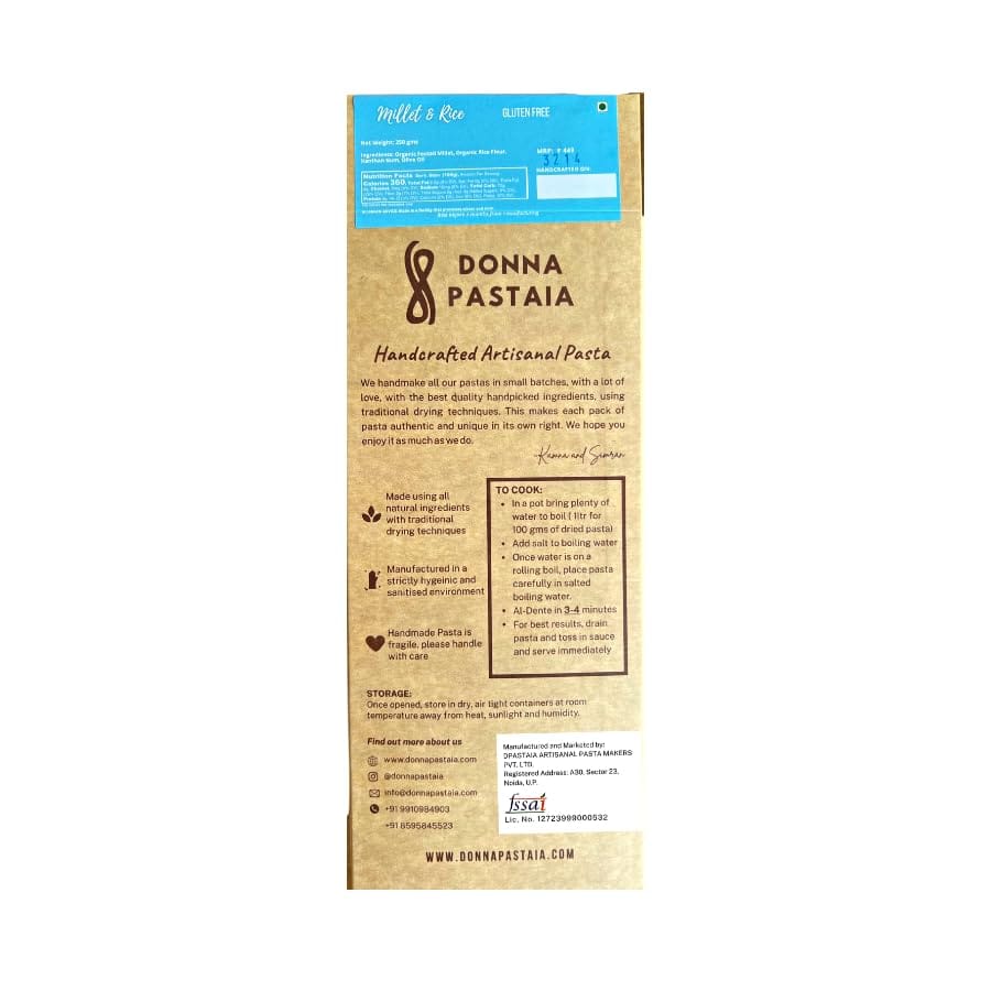 Donna Pastaia Artisanal Pasta | Foxtail Millet Fusilli | No Maida, No Salt, No Preservatives | Proudly Made in India