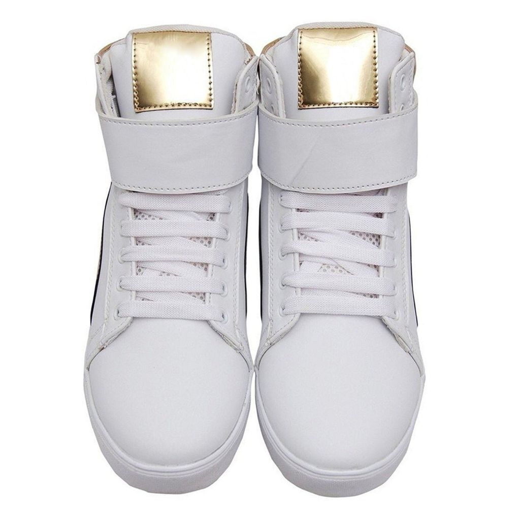 Shoe Island ® POPULAR Icon-X ™ Designer Leatherette High Ankle Length Velcro White Shinning Gold Casual Dance Sneakers