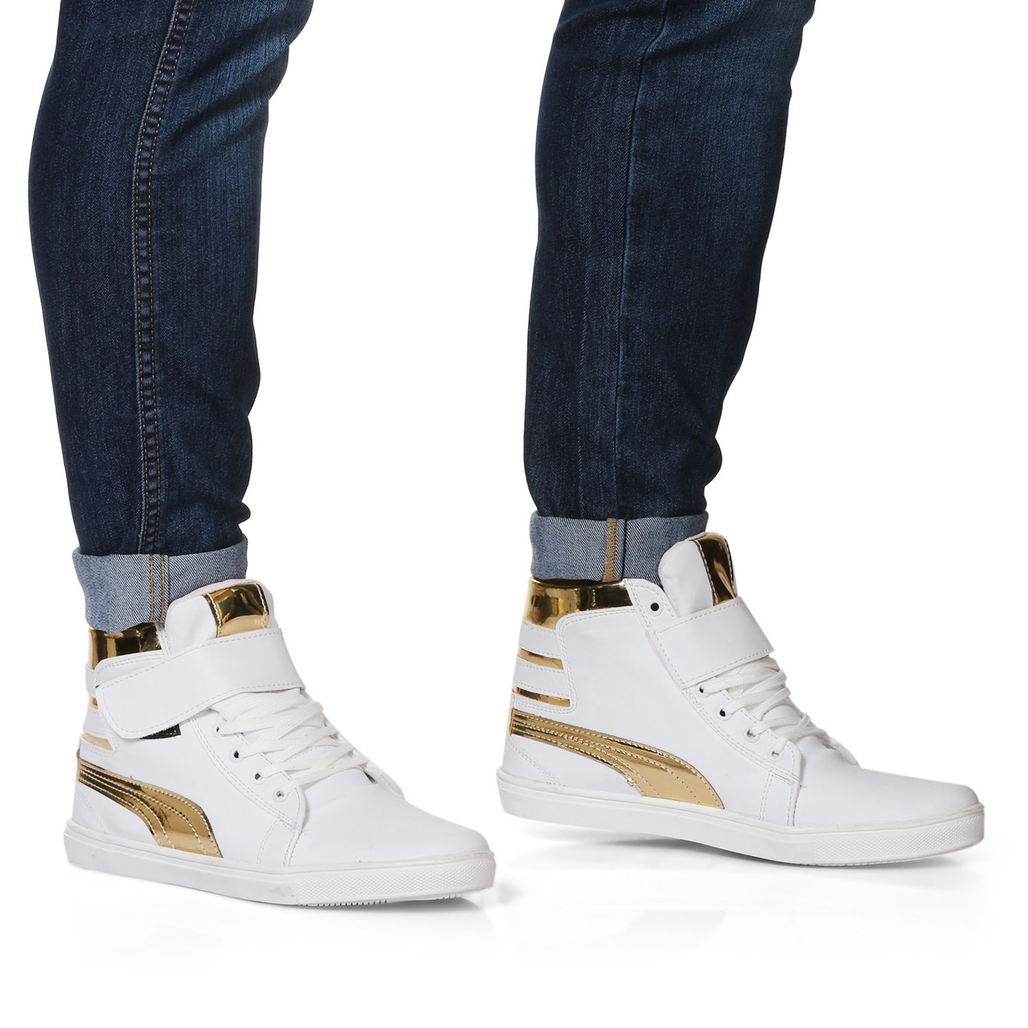 Shoe Island ® POPULAR Icon-X ™ Designer Leatherette High Ankle Length Velcro White Shinning Gold Casual Dance Sneakers