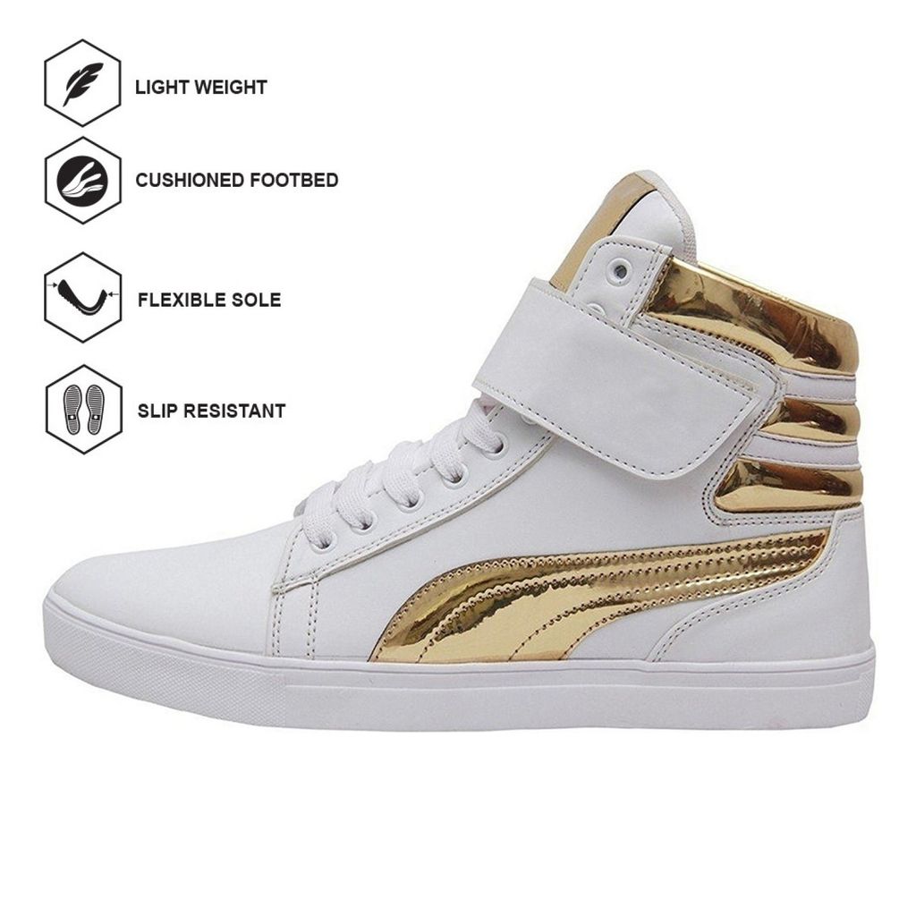 Shoe Island ® POPULAR Icon-X ™ Designer Leatherette High Ankle Length Velcro White Shinning Gold Casual Dance Sneakers