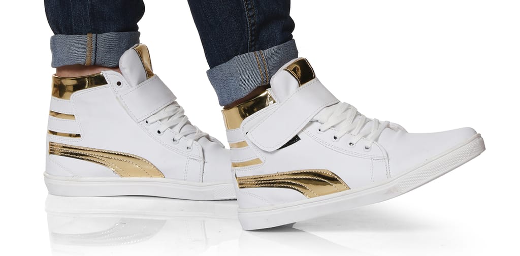 Shoe Island ® POPULAR Icon-X ™ Designer Leatherette High Ankle Length Velcro White Shinning Gold Casual Dance Sneakers