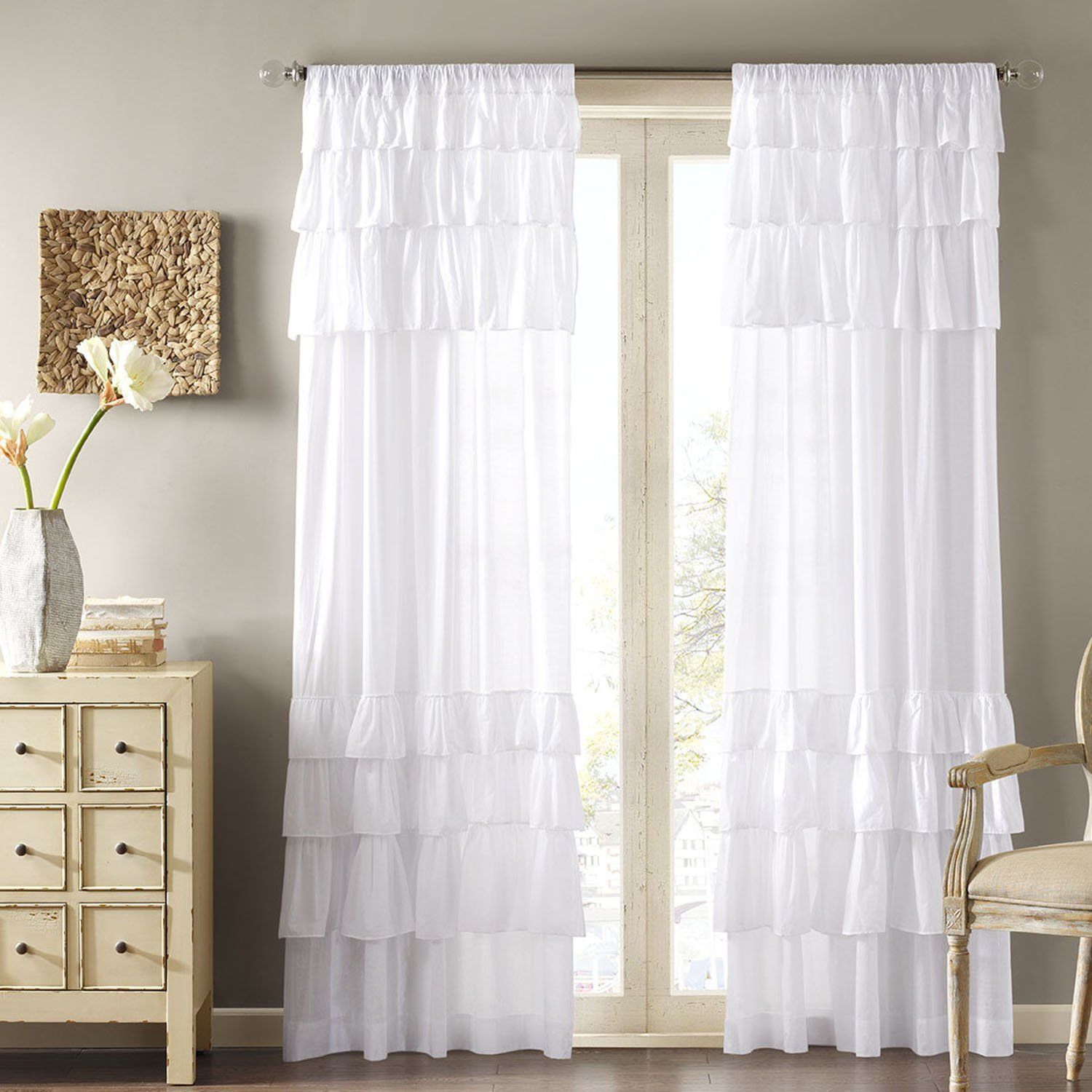 Dekor World Cotton Sulb Sheer White Ruffle Rod Pocket Curtain Set (Pack of 2)-110x215cm (7Feet) Door Curtain