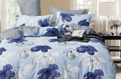 Cotton Gingham Duvet Cover Set-Blue Flower-GARNET XL 3 PC SET 1 Bedsheet 275 X 275 cms, 2 Pillow Covers 46 X 69 cms.