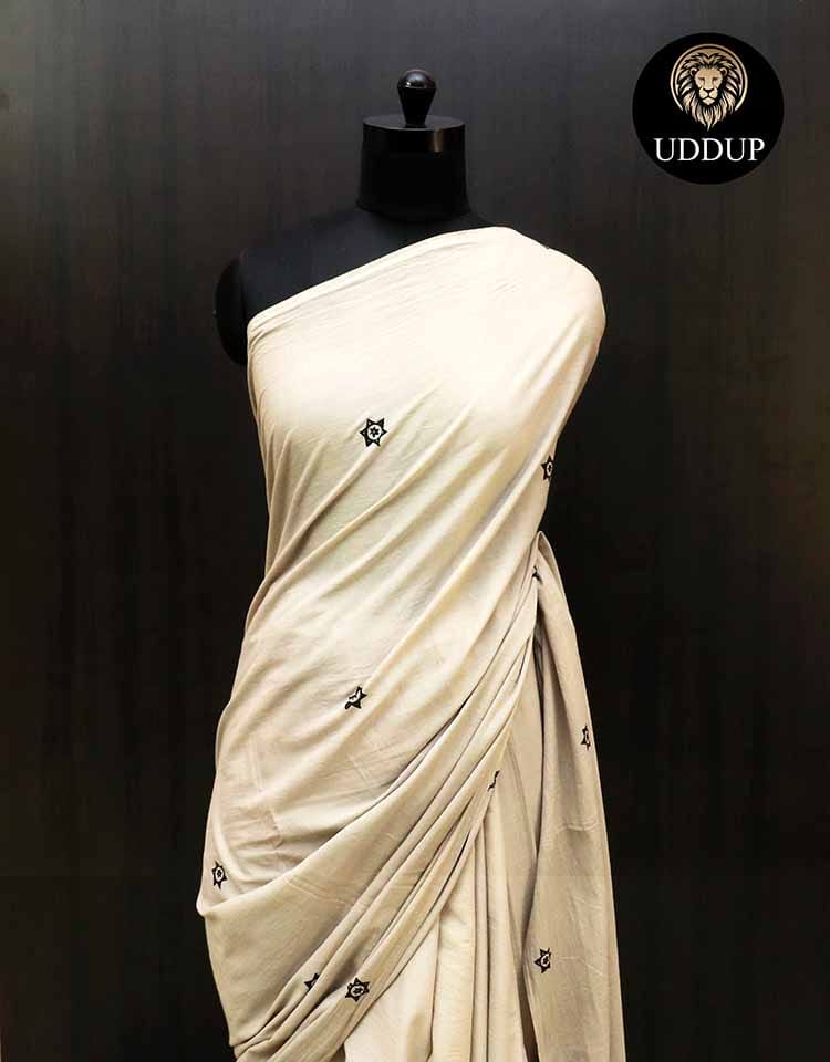 Ivory Hand Block printed Mul Cotton saree-Cream