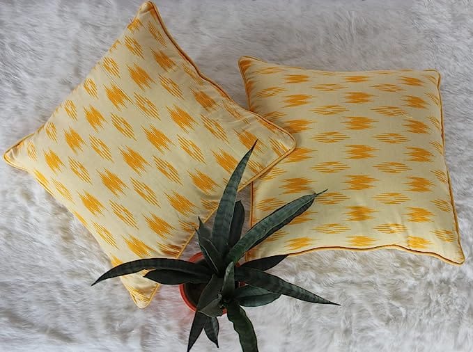 Dekor World 2 Piece Regular Cotton Pochampaaly Weave Ikat Printed Collection Cushion Cover (Yellow,20x20 inches or 50x50 cm)-for Living Room and Bedroom