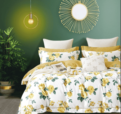 Cotton Flora Cover Set-White Yellow- 1 Bedsheet 275 X 275 , 2 Pillow Covers 46 X 69 cms.