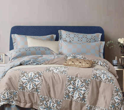 Cotton Flora Cover Set-beige blue- 1 Bedsheet 275 X 275 , 2 Pillow Covers 46 X 69 cms.